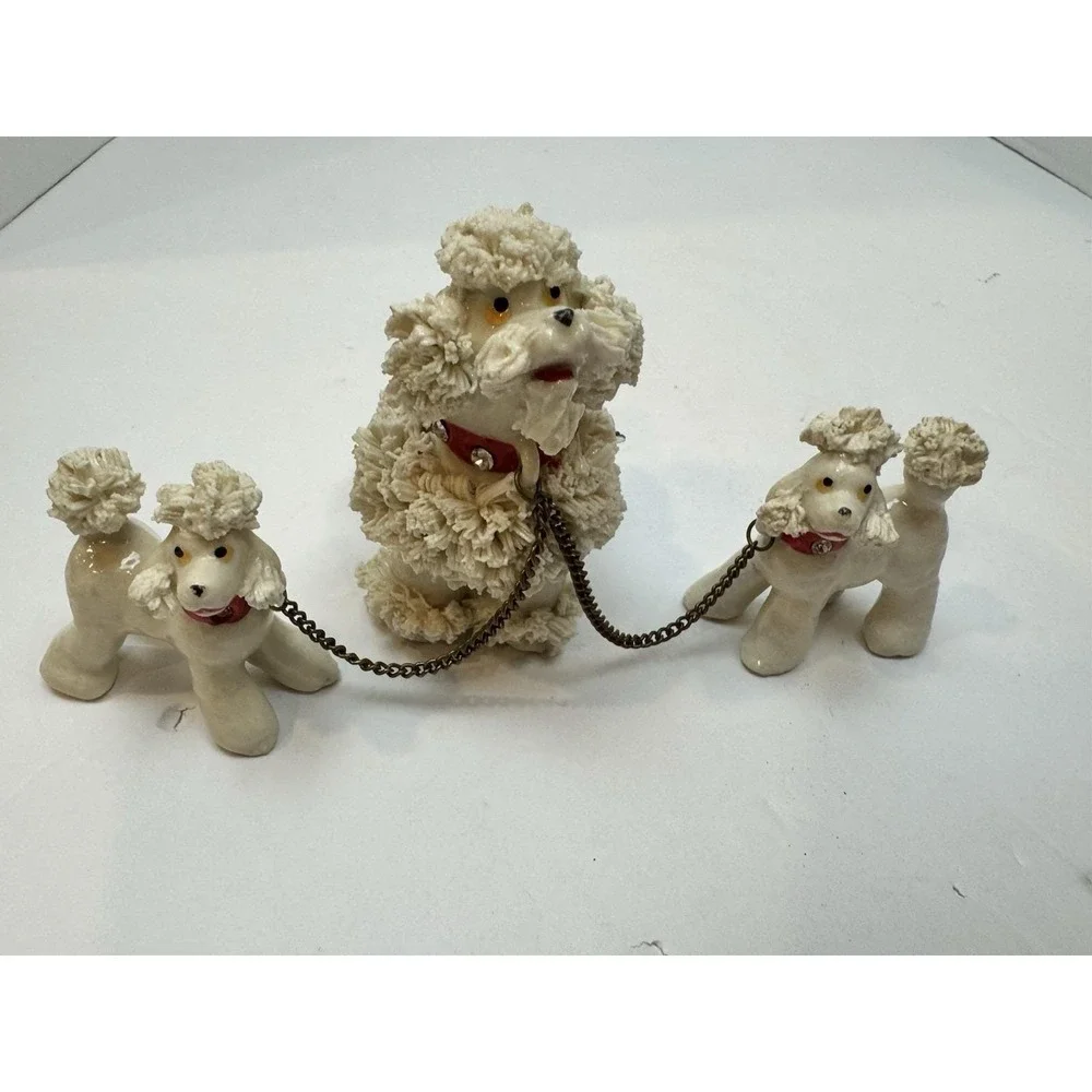 Vintage MCM Saghetti Poodle Dog Family Figurine Set with Chain Leash, Japan‎